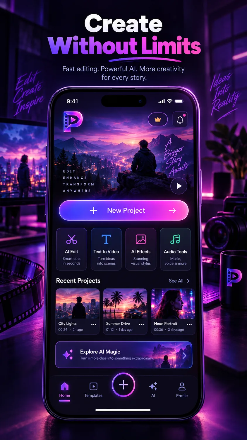 Premiere Pro : Ai video Editor app interface in a neon creative studio